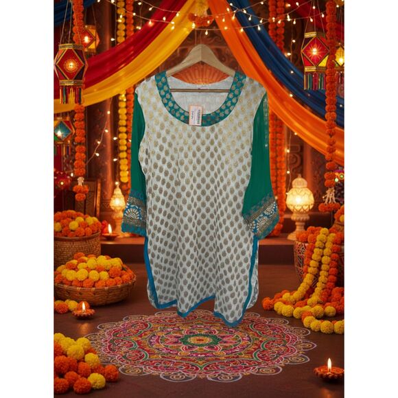 Fuchsia Designs Embroidered Kurta Tunic XXL White Teal Gold Brocade NWT - Picture 3 of 9